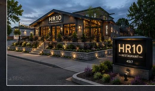 HR10 from the street at dusk, with the illuminated monument sign in the foreground.