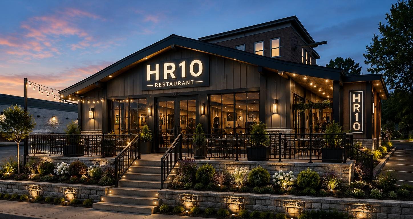 The HR10 restaurant at dusk — dark board-and-batten exterior, warm amber lighting, a lit patio under string lights.